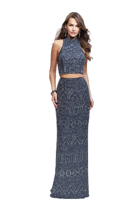 Stylish Women's Apparel La Femme - 26045 High Neck Patterned Metallic Beaded Two Piece Gown