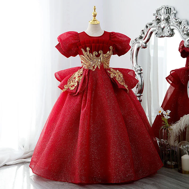 Women's Work Apparel Girl Christmas Dress Baby Girl First Communion Dress Girl Luxury Red Embroidery Wedding Party Princess Dress