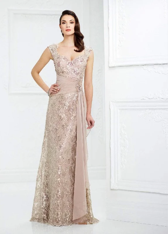 Women's Outdoor Attire Mon Cheri 217954 Queen Anne Neckline Metallic Lace Long Gown - 1 Pc. Champagne in size 4 Available