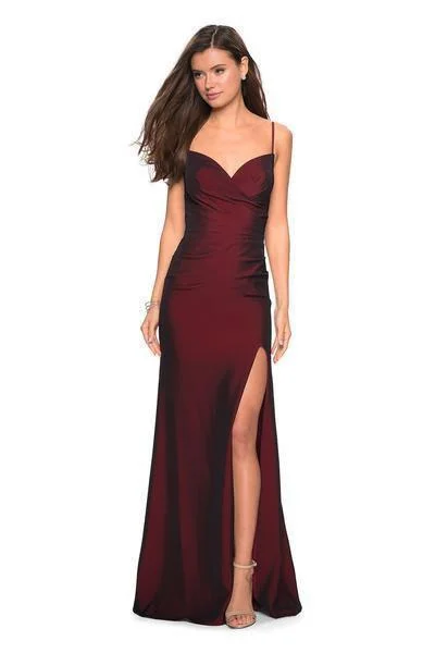 Women's Classic Outfit La Femme - Pleated Surplice Bodice High Slit Gown 27626 - 1 pc Burgundy In Size 6 Available