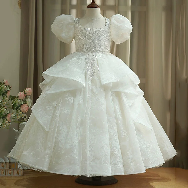 Women's Cozy Clothes Girl Wedding Birthday Dress Sequin Pattern Puff Sleeve Princess Dress