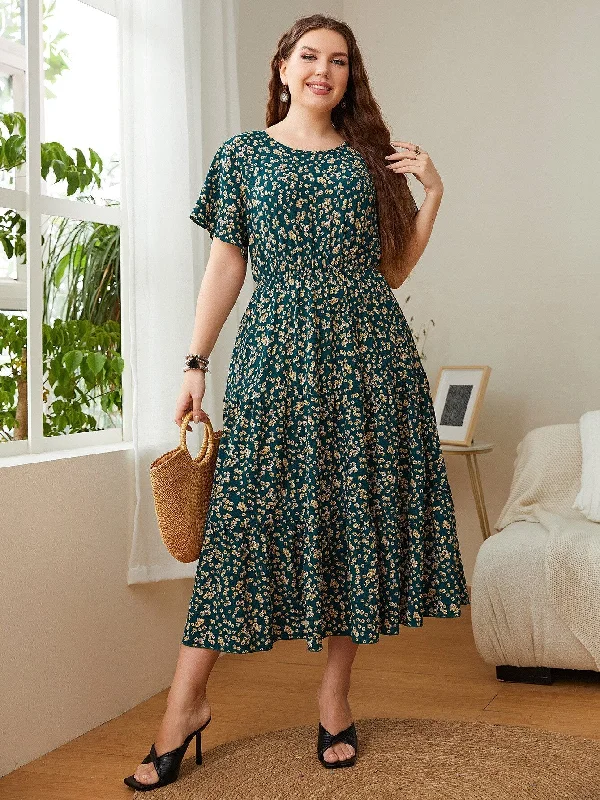 Luxury Women's Clothes BerriesJam - Floral Loose Oversized Short Sleeve Midi Dress