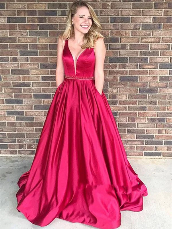 Women's Functional Outdoor Garments Custom Made Red Deep V Neck Backless Satin Wedding Dress, Deep V Neck Prom Dresses, Red Formal Dresses