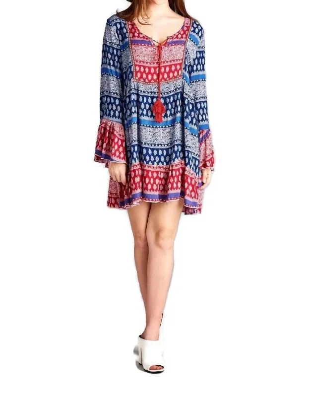 Women's Functional Apparel For Outdoor Activities Tassel Tie Bell Sleeve Mini Dress In Blue Multi