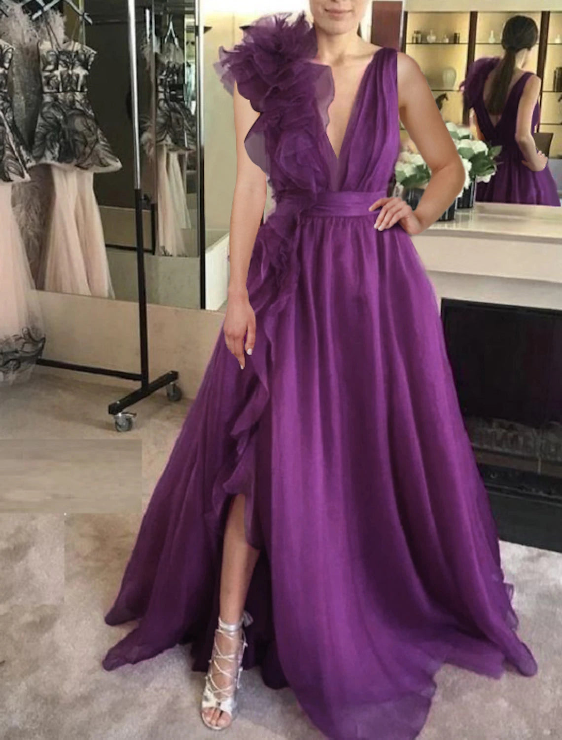 Comfortable Women's Attire A-Line Evening Gown Celebrity Style Dress Formal Wedding Guest Floor Length Sleeveless V Neck Chiffon