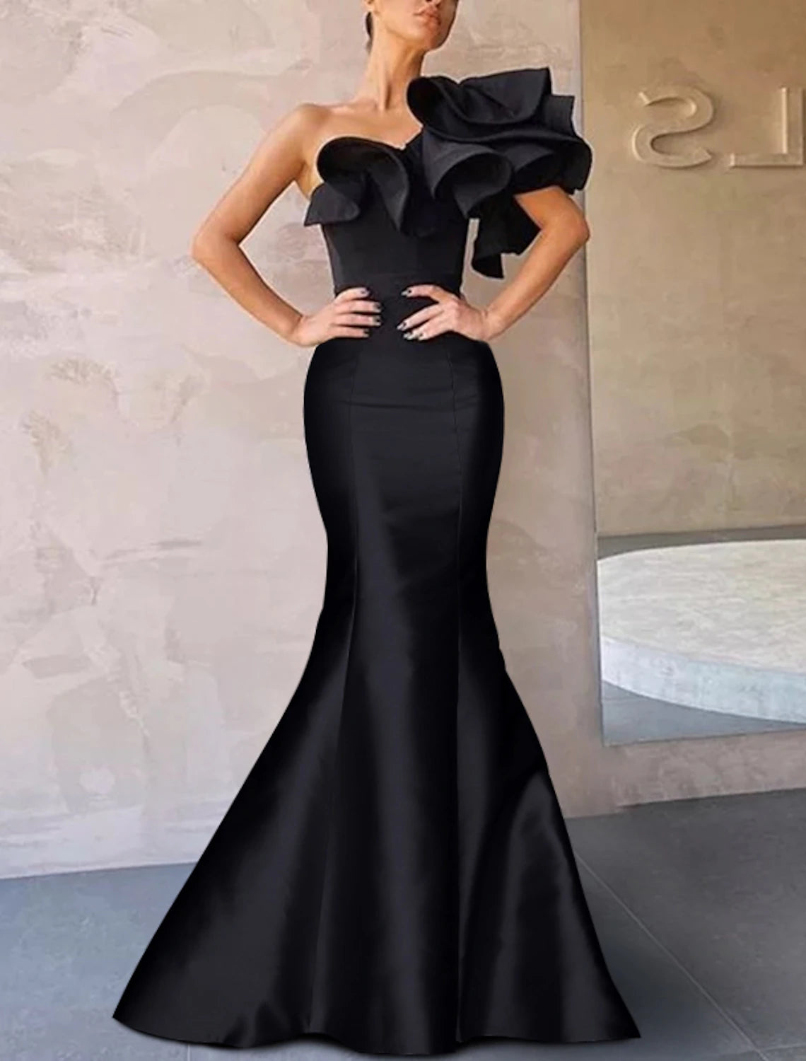 Stylish Women's Outfit Mermaid Black Dress Christmas Red Green Dress Evening Gown Corsets Dress Christmas Red Green Dress Formal Wedding Guest Floor Length Sleeveless One Shoulder Taffeta with Ruffles Shouder Flower