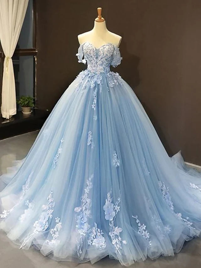 Women's Tailored Outfit Prom Dresses Floral Dress Quinceanera Court Train Short Sleeve Sweetheart Lace with Pleats Appliques