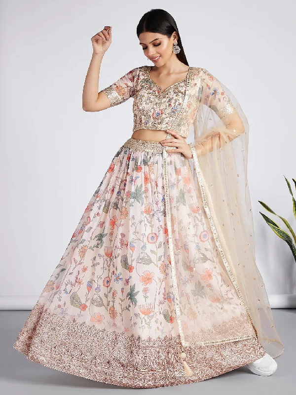 Women's Comfortable Lounge Garments Cream color Organza Floral design digital print  Lehenga Choli & Dupatta - Rent