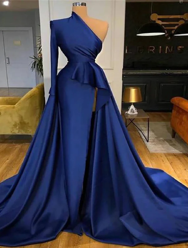 Women's Vintage Attire A-Line Sexy Wedding Guest Formal Evening Dress One Shoulder Long Sleeve Satin with Ruffles Slit