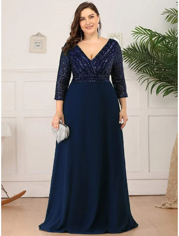 Women's Classic Attire A-Line Evening Gown Plus Size Dress Wedding Guest Floor Length  Length Sleeve V Neck Chiffon V Back with Sequin