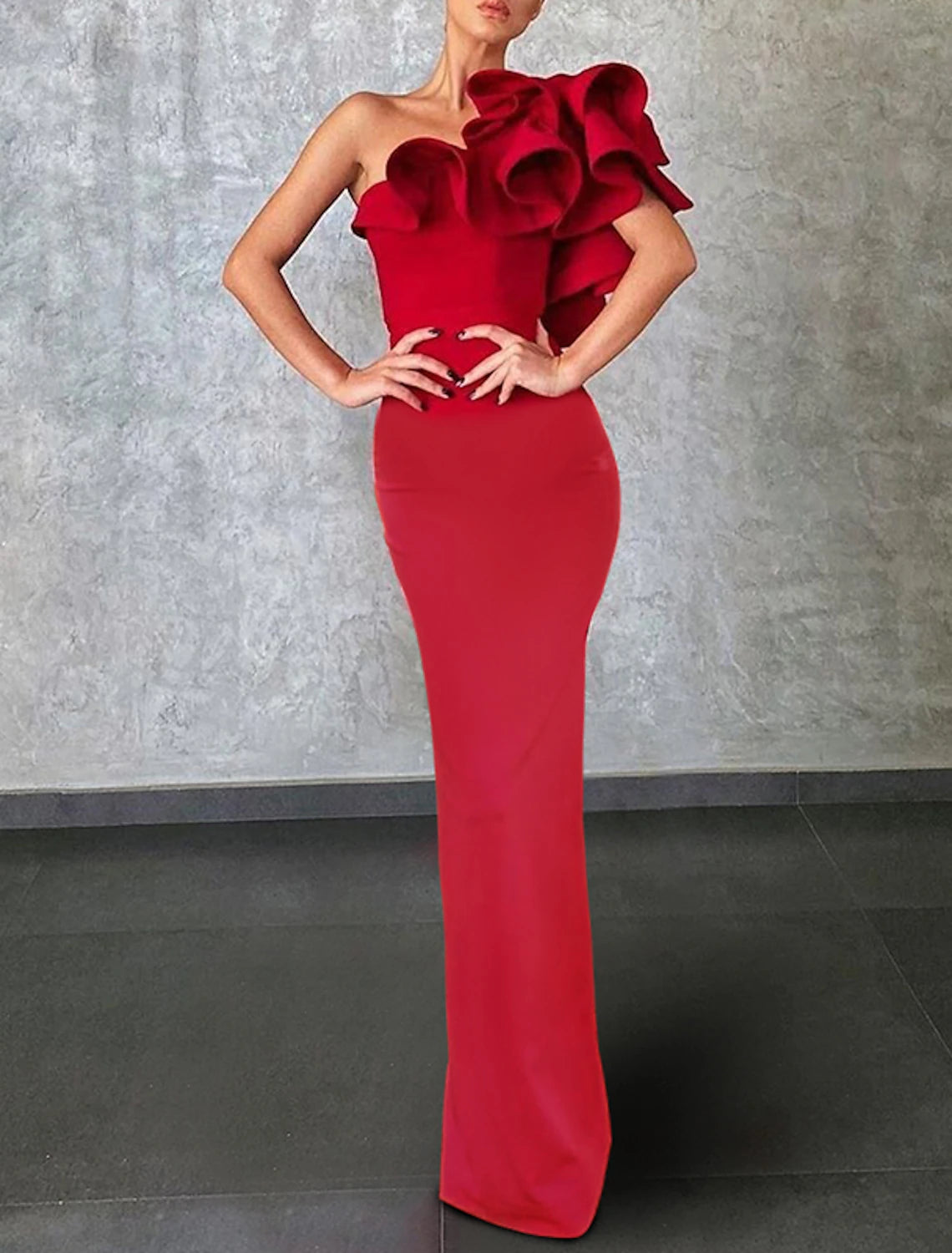 Casual Outfit For Women Mermaid / Trumpet Evening Gown Celebrity Style Dress Formal Wedding Guest Floor Length Sleeveless One Shoulder Stretch Fabric with Ruffles