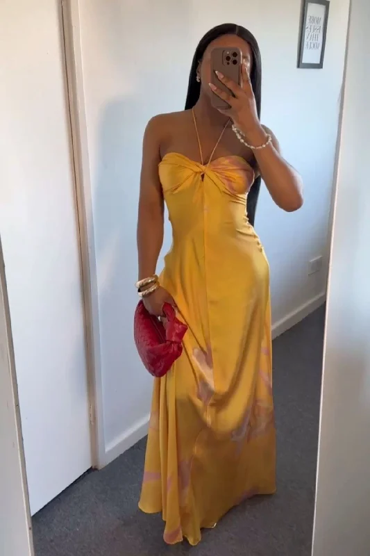 Women's Resort Apparel Yellow A-Line Halter Satin Long Party Dress Wedding Guest Dress, D187