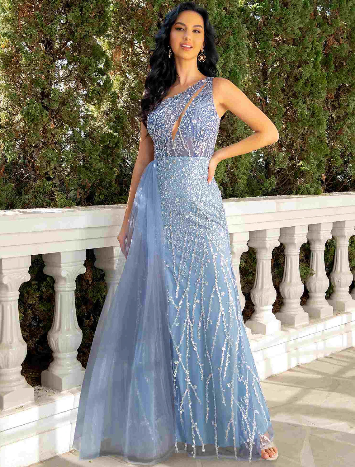 Modern Women's Outfit Mermaid / Trumpet Evening Gown Cut Out Dress Wedding Party Floor Length Sleeveless One Shoulder Tulle with Sequin