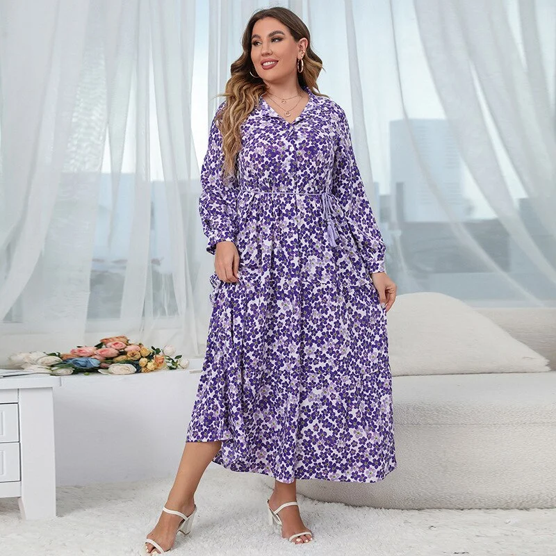 Women's Vacation Clothes BerriesJam - 2024 Vintage V Neck Long Sleeve Floral Plus Size Dress