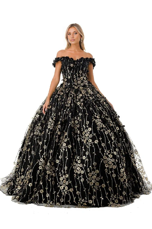 Women's Cozy Outfit For Lounging Gorgeous Black Gold Floral Inspired Off Shoulder Quinceanera Dress Ball Gown Princess Dress