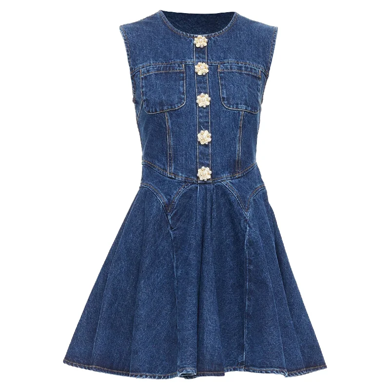 Women's Seasonal Clothes Self Portrait denim skater cotton buttons mini dress