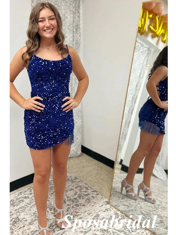 Fashionable Women's Clothing Shiny Royal Blue Sequin Spaghetti Straps Sheath Mini Dresses/ Homecoming Dresses With Tassel, PD3553