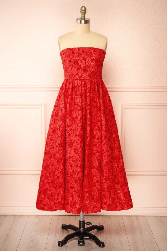 Women's Cozy Winter Attire Reyna Red | Long Textured Floral Dress