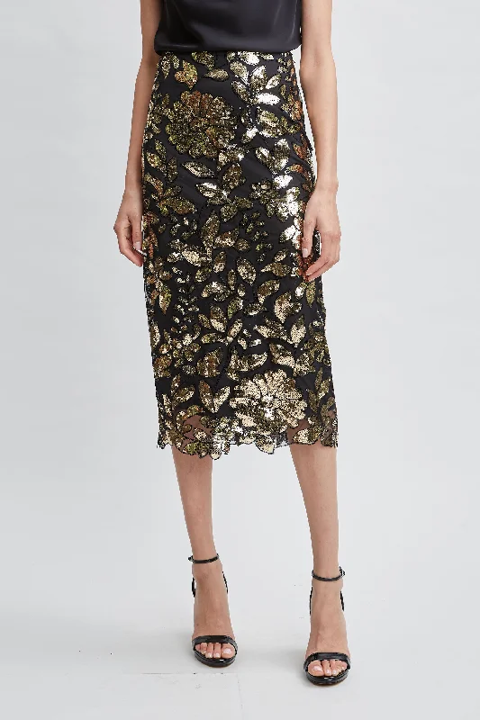 Comfortable Women's Apparel Floral Sequin Midi Skirt