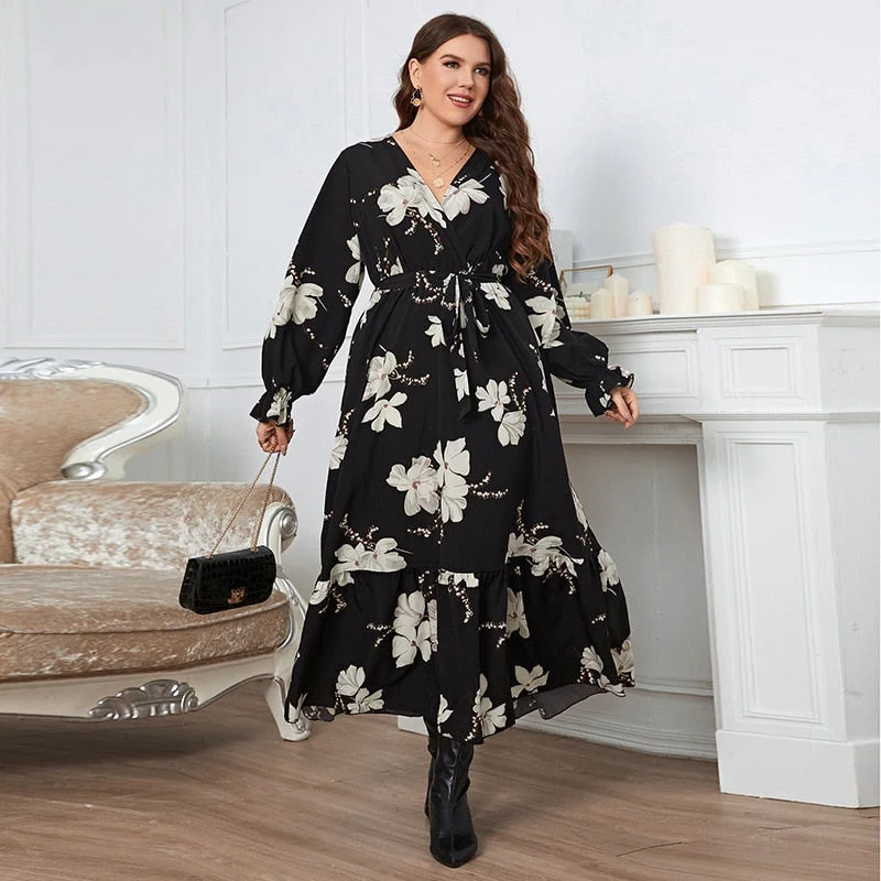 Women's Relaxed Clothes BerriesJam - Elegant Long Sleeve Black Floral Wraped Party Dress