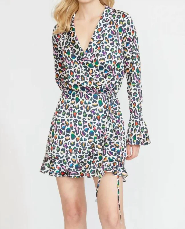 Vintage-Inspired Women's Apparel Ruffle Flounce Wrap Mini Dress In Leopard