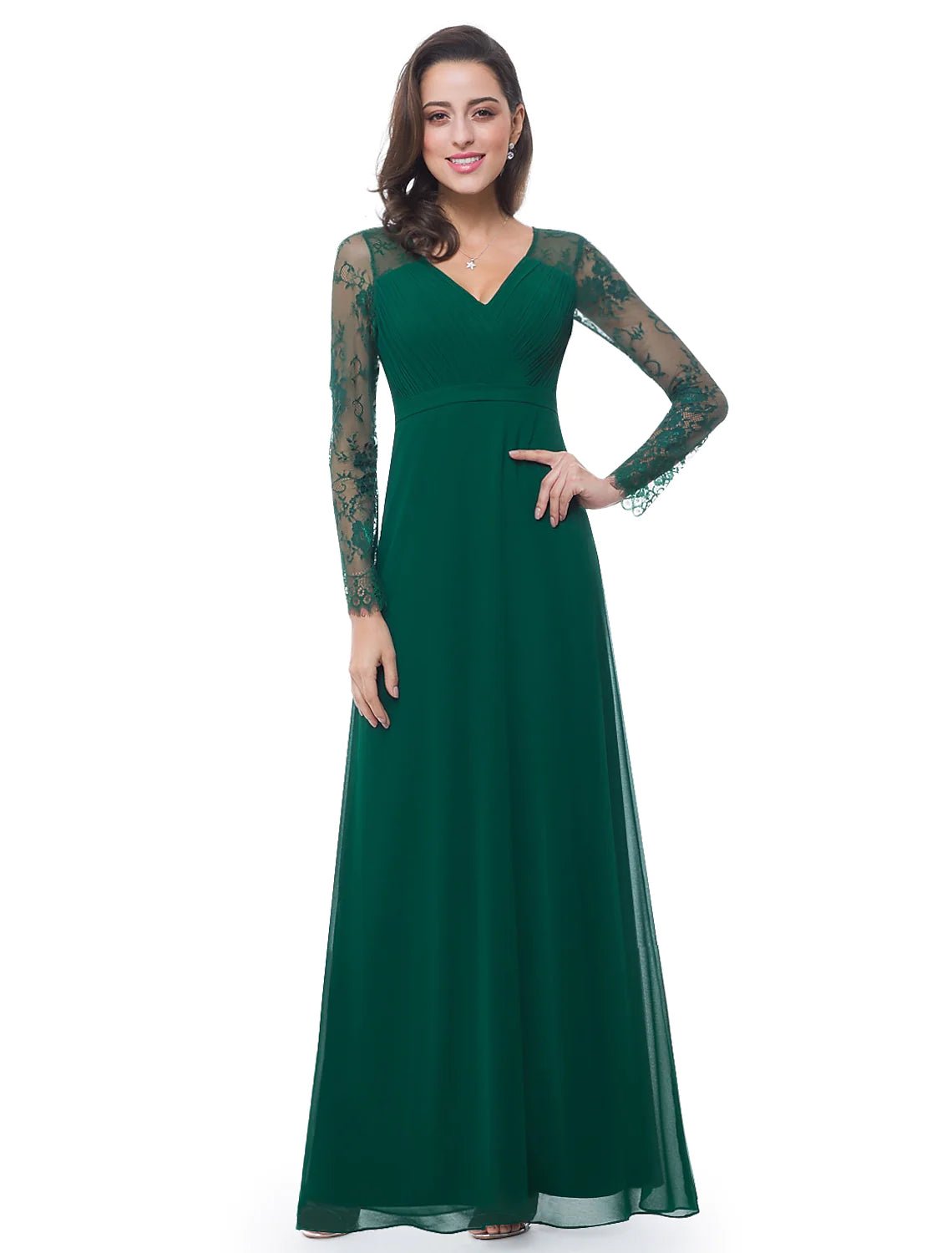 Women's High-Fashion Attire A-Line Evening Gown Elegant Dress Wedding Guest Floor Length Long Sleeve V Neck Chiffon Ribbon Ruched Lace