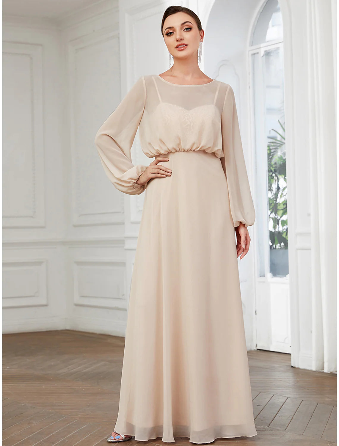 Women's Plus-Size Attire A-Line Prom Dresses Wedding Guest Floor Length Long Sleeve Chiffon with Buttons