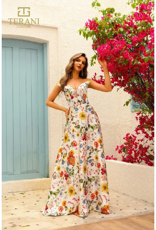 Women's Functional Outdoor Garments Terani Couture 251P4375 A Line Long Floral Print Formal Prom Dress