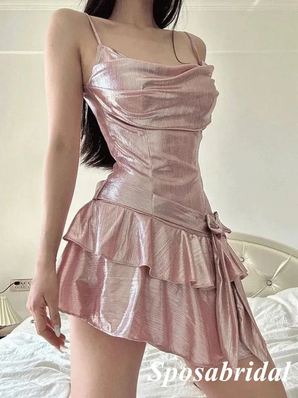 Women's Luxury Apparel Sexy Special Fabric Spaghetti Straps Sleeveless A-Line  Mini Dresses/ Homecoming Dresses, PD3667