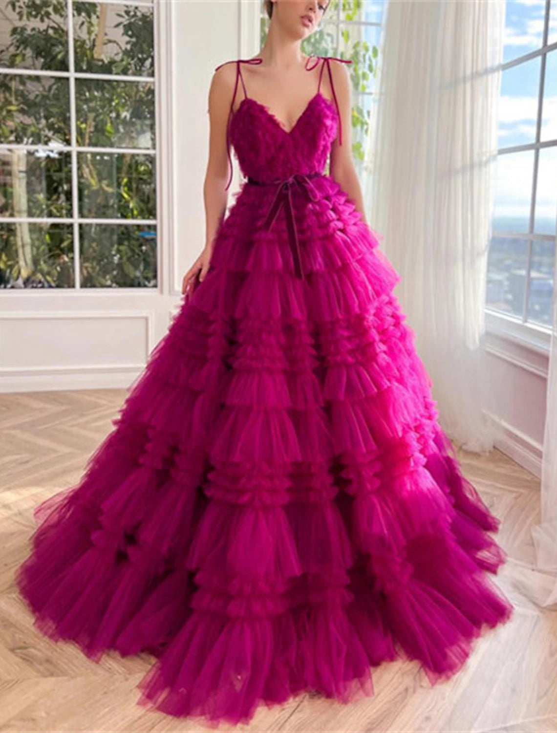 Women's Trendy Casual Clothes Ball Gown Evening Gown Puffy Dress Wedding Party Birthday Floor Length Sleeveless Spaghetti Strap Tulle with Ruffles Strappy