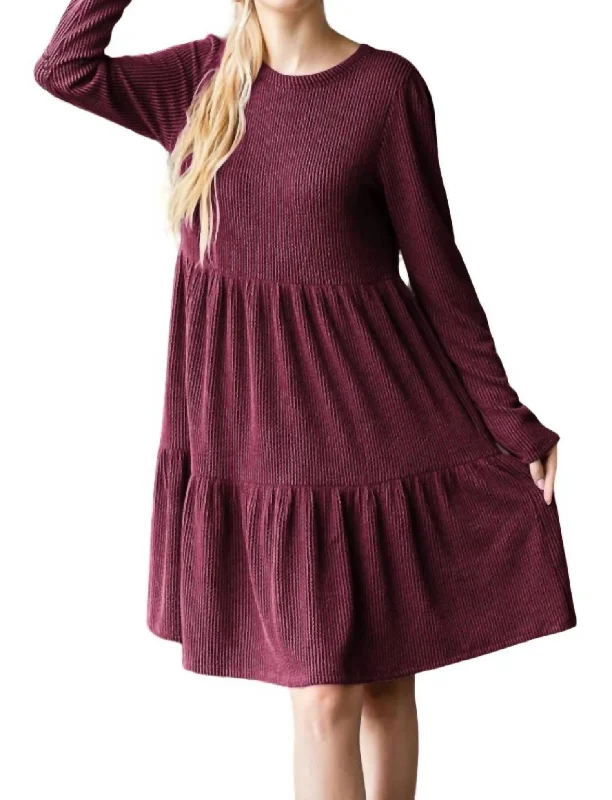 Women's Elegant Outfit Solid Urban Ribbed Tiered Mini Dress In Burgundy