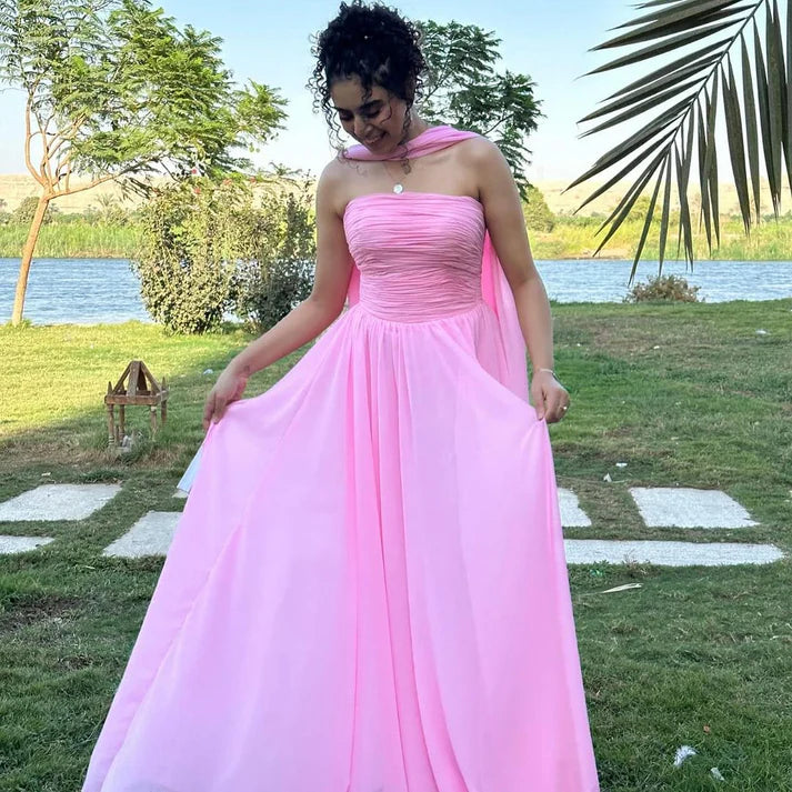 Women's Sporty Chic Clothes Pink Strapless A Line Long Prom Dress Chiffon Wedding Guest Dress  MD7591