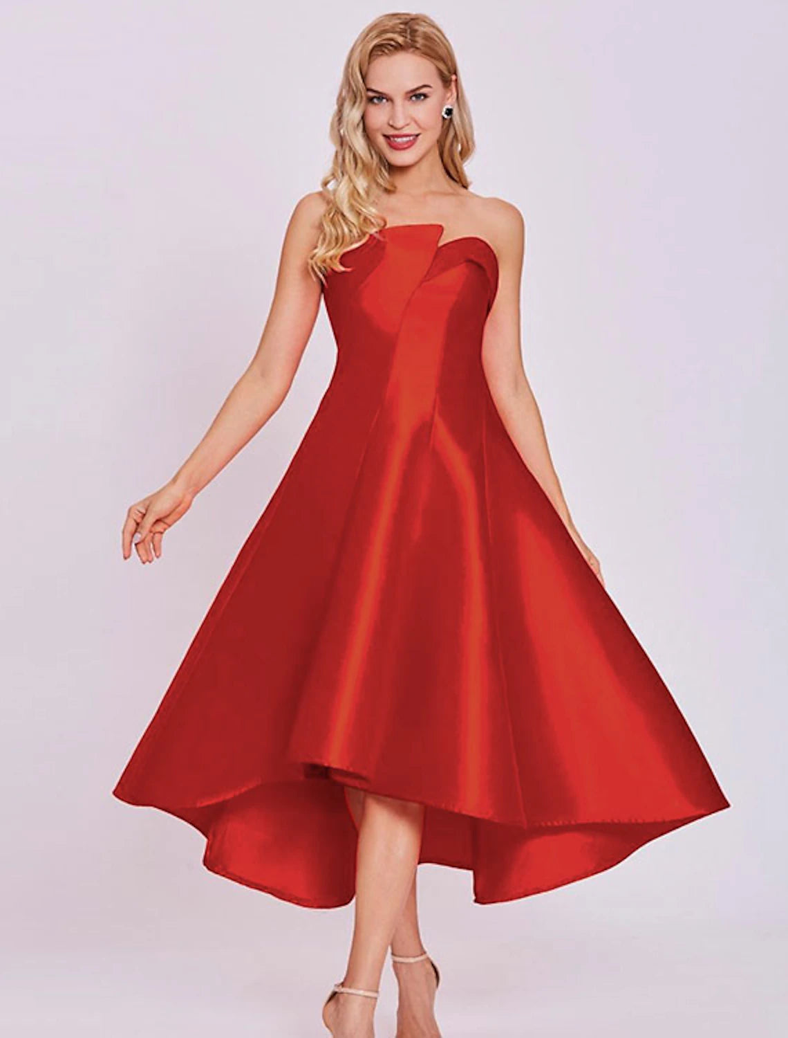 Women's Vintage Attire A-Line Cocktail Dresses Minimalist Dress Homecoming Wedding Guest Tea Length Sleeveless Strapless Satin with Sleek