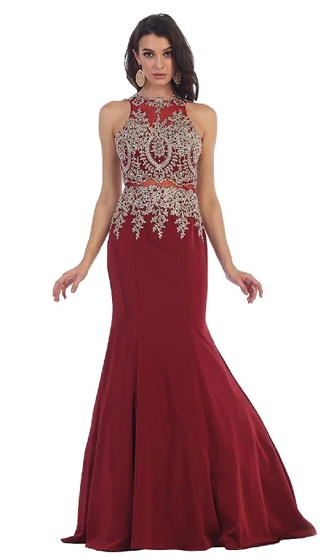 Affordable Fashion Clothing For Women May Queen - Gilt Embroidered Illusion Trumpet Prom Gown