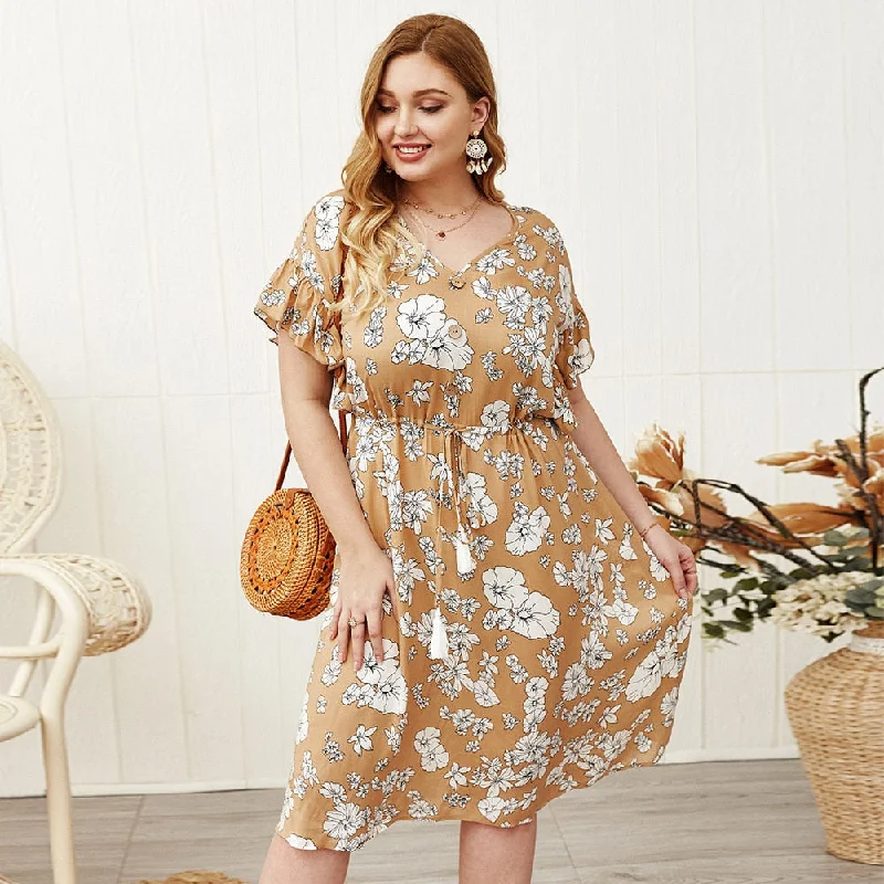 Timeless Women's Clothes BerriesJam - Casual Loose Floral Print Tassel V Neck Buttons Midi Dress