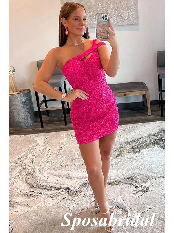 Women's Occasion Wear Clothes Sarkly Pink Sequin One Shoulder Sheath Mini Dresses/ Homecoming Dresses, PD3542