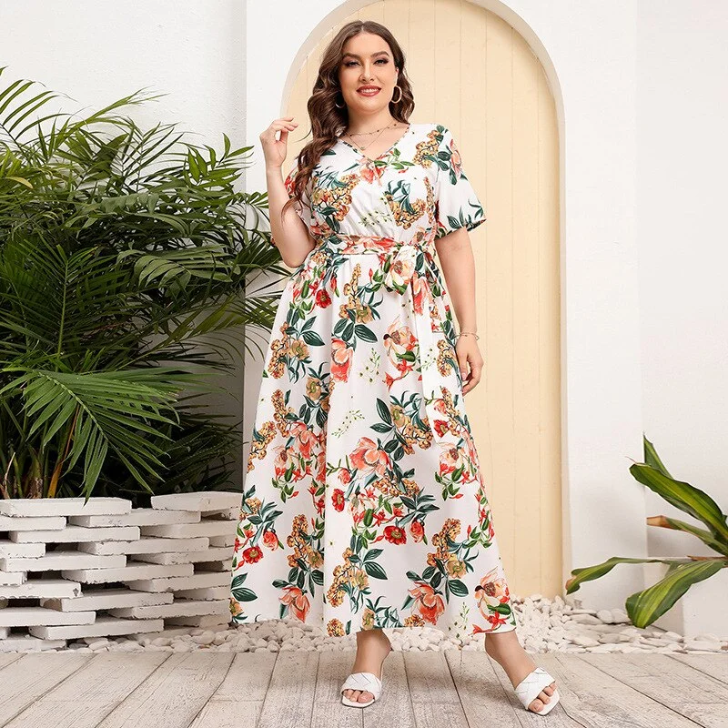 Women's Party Clothes BerriesJam - 2024Plus Size V Neck Elegant Floral Short Sleeve Maxi Dress