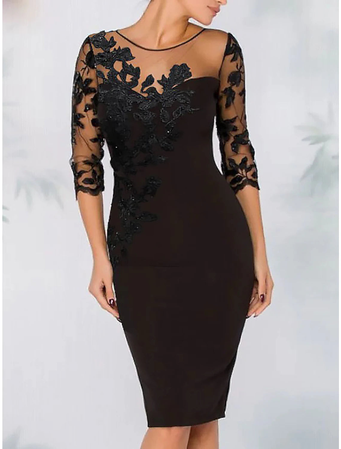 Women's Work Outfit Sheath Cocktail Elegant Dress Fall Wedding Guest Dress Long Sleeve Black Dress Midi Dress Floral Embroidery Illusion Neck With Beading Lace