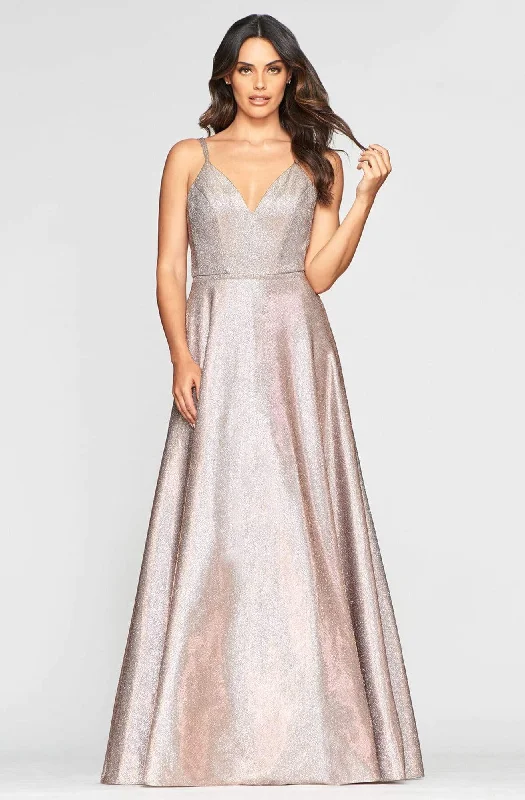 Vintage Clothing For Women Faviana - S10424 Plunging V-neck Glitter Jersey A-line Gown