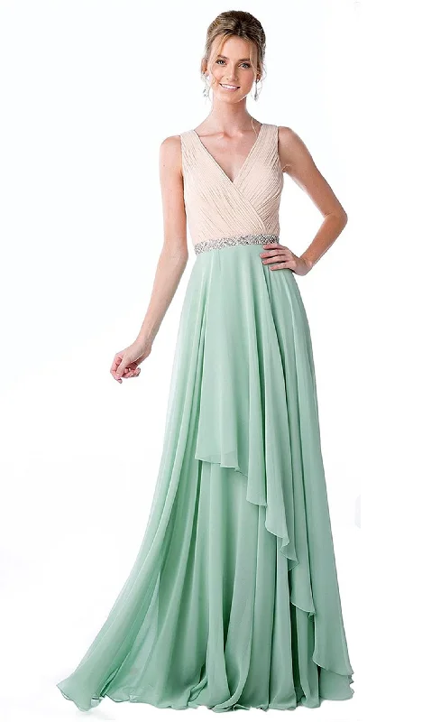 Women's Wedding Apparel Cinderella Divine - Shirred Surplice Bodice Cascading A-Line Evening Gown