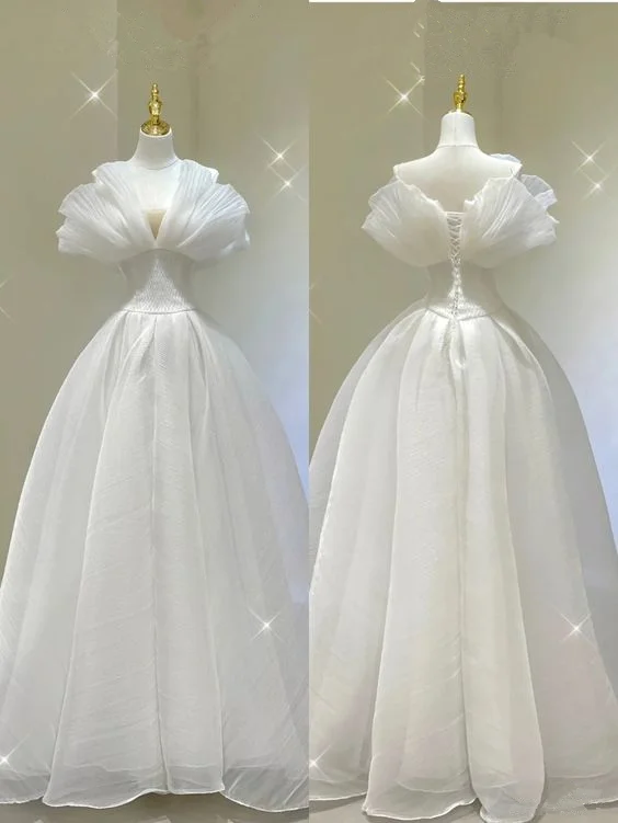 Women's Seasonal Clothing Cute A-Line Strapless White Chiffon Long Party Dress Wedding Gown MD7512