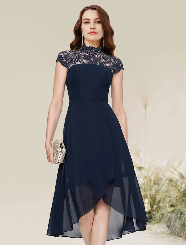 Women's Festive Attire A-Line Cocktail Dresses Flirty Dress Homecoming Wedding Guest Asymmetrical Sleeveless Jewel Neck Chiffon with Lace