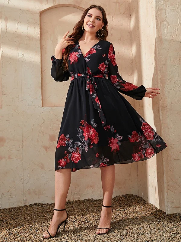 Women's High-Fashion Clothes BerriesJam - 2024 Plus Size V Neck Long Sleeve Loose Floral Midi Dress