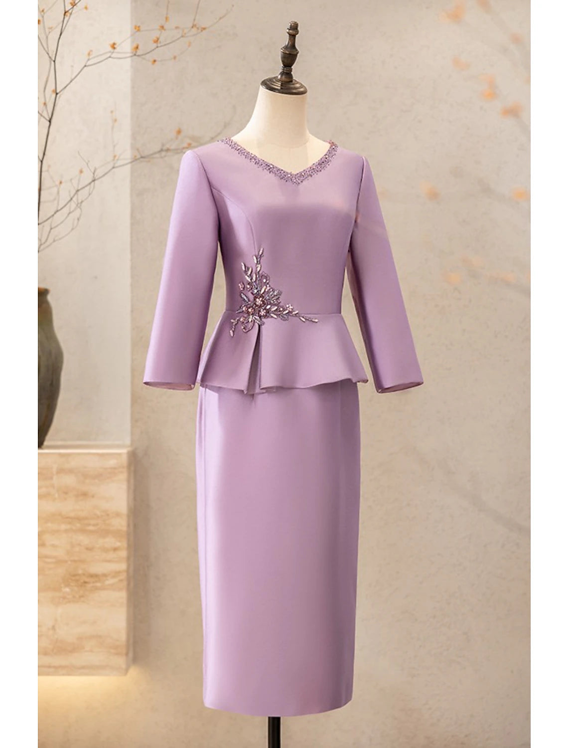 Women's Professional Attire Two Piece Cocktail Dresses Elegant Dress Wedding Party Tea Length Long Sleeve V Neck Satin with Appliques