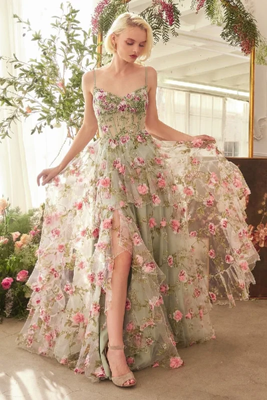 Women's Clothing Sets Andrea & Leo A1420 Long Floral Printed A Line Formal Prom Dress