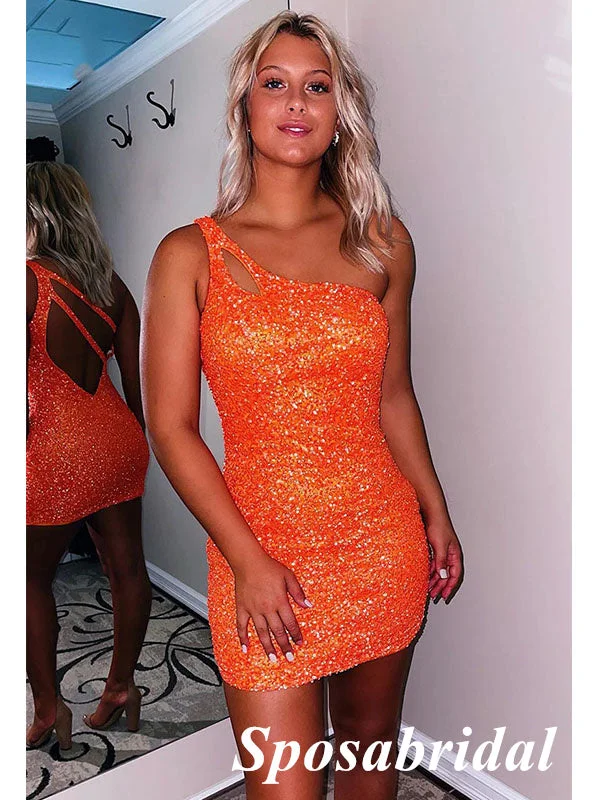 Women's Active Clothing Sparkly Orange Sequin One Shoulder Sheath Mini Dresses/ Homecoming Dresses, PD3556