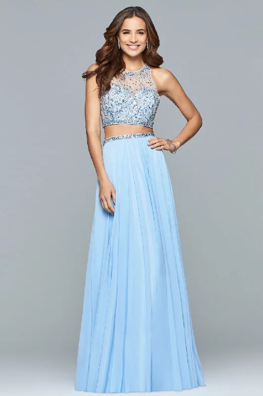 Women's Workout Clothing Faviana - Beaded Two-Piece Chiffon A-line Gown s10061 - 2 pcs Candle Light In Size 6 and 8 Available