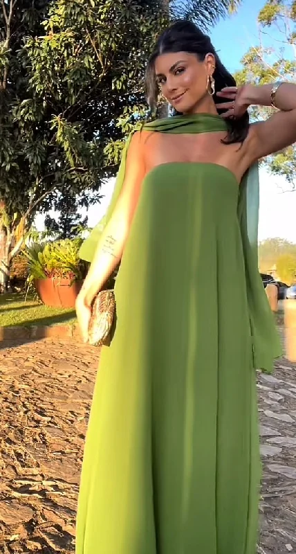 Fashionable Women's Clothes Green Strapless A-Line Chiffon Long Party Dress Wedding Guest Dress, MD7854