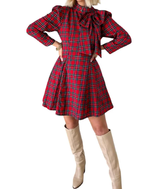 Women's Effortless Casual Outfit Cup Of Cheer Bow Mini Dress In Red Plaid