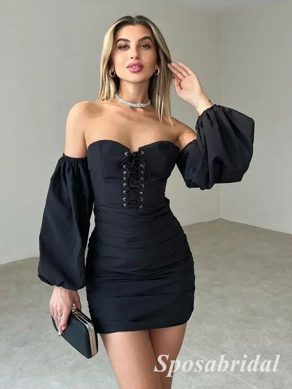 Sustainable Women's Clothes Sexy Black Special Fabric Sweetheart Sheath Mini Dresses/ Homecoming Dresses With Long Sleeves, PD3535